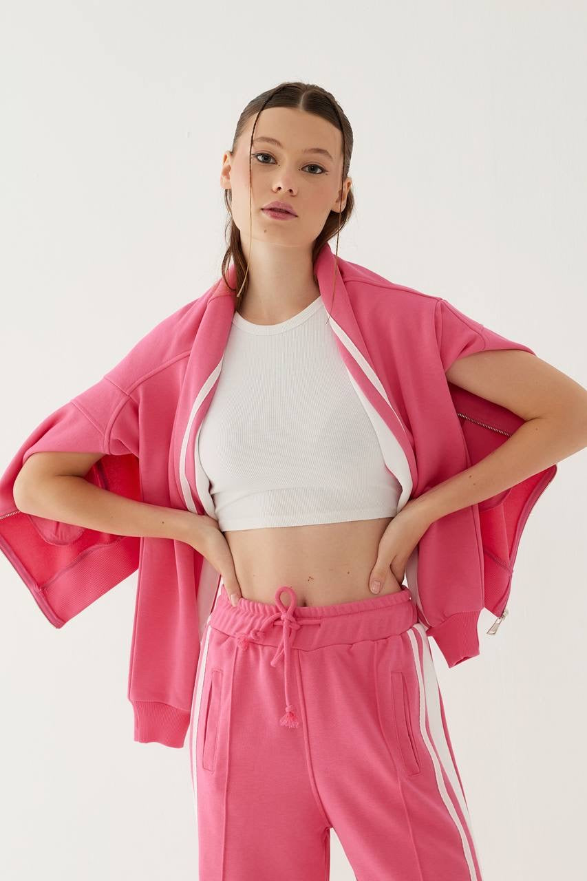 Stripe Detailed Zippered Pink Tracksuit
