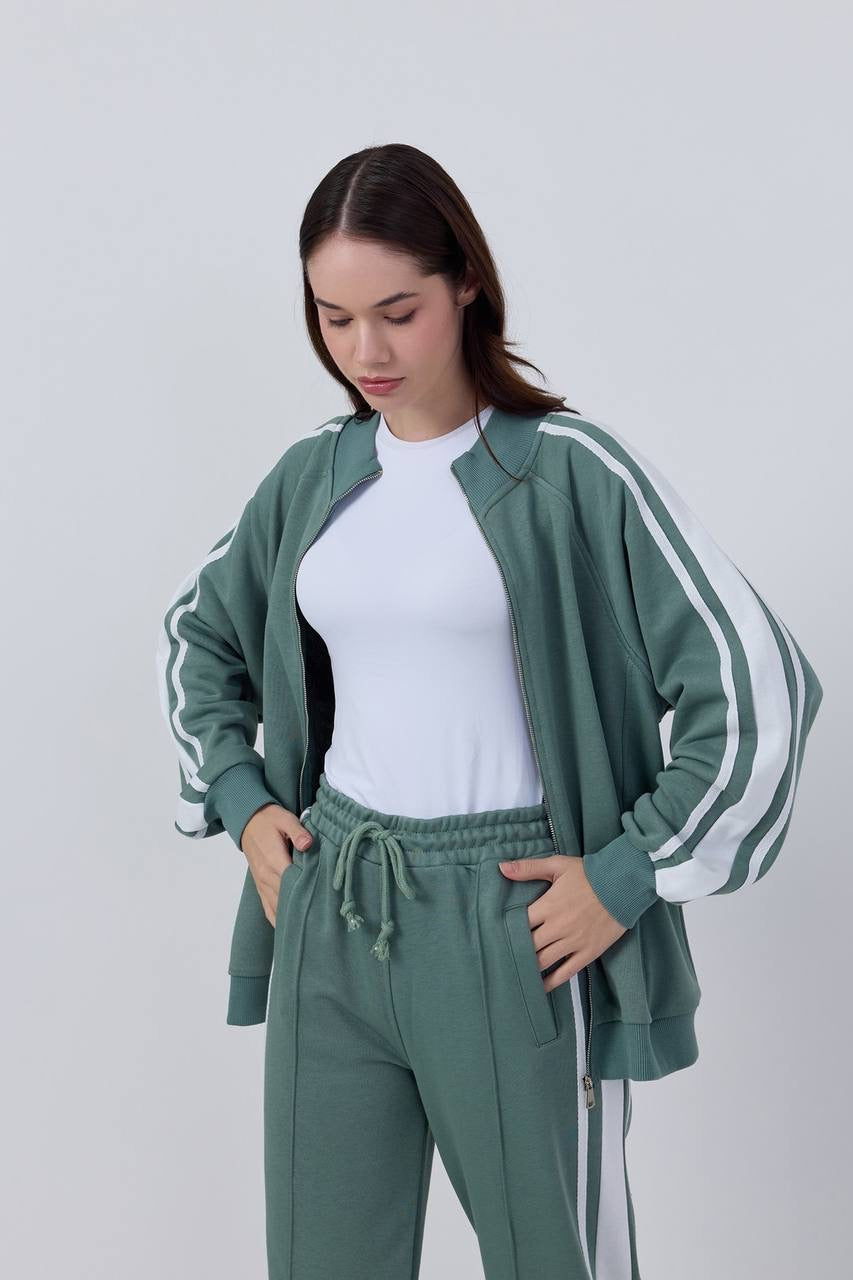 Stripe Detailed Zippered Green Tracksuit