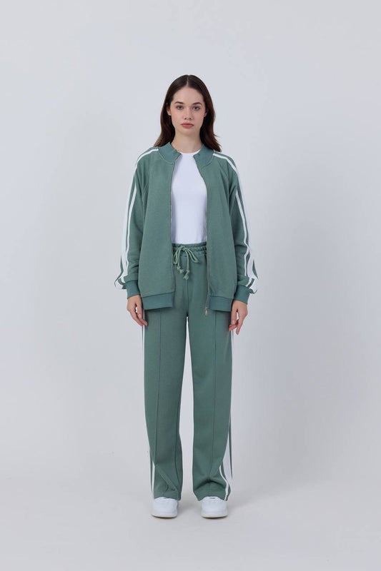 Stripe Detailed Zippered Green Tracksuit
