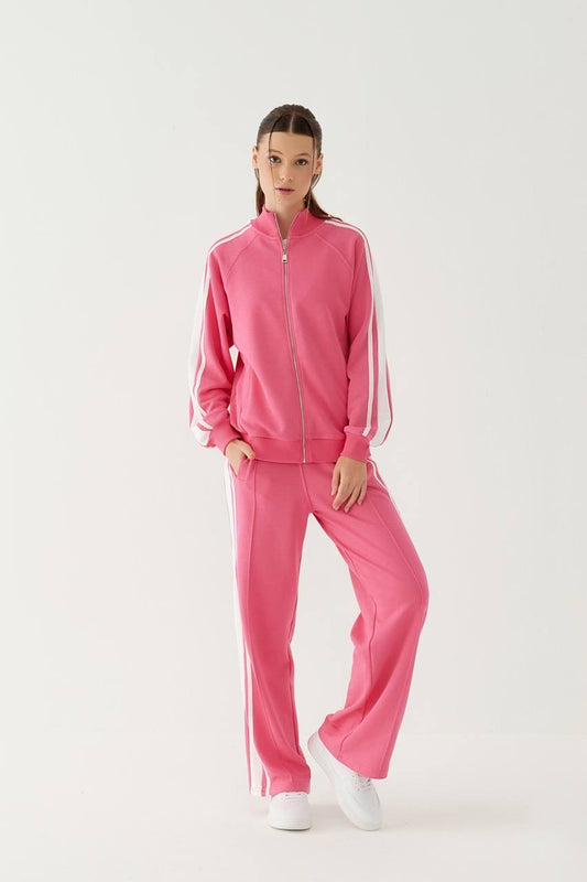 Stripe Detailed Zippered Pink Tracksuit
