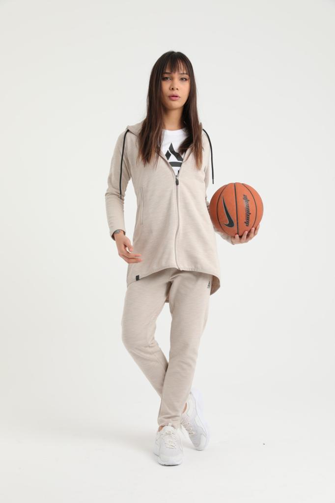 Beige Long Jacket Hooded tracksuit