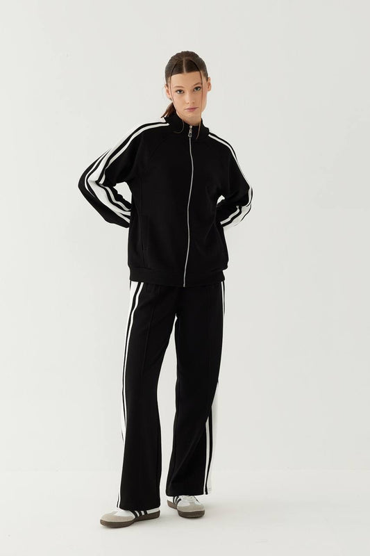 Stripe Detailed Zippered Black Tracksuit