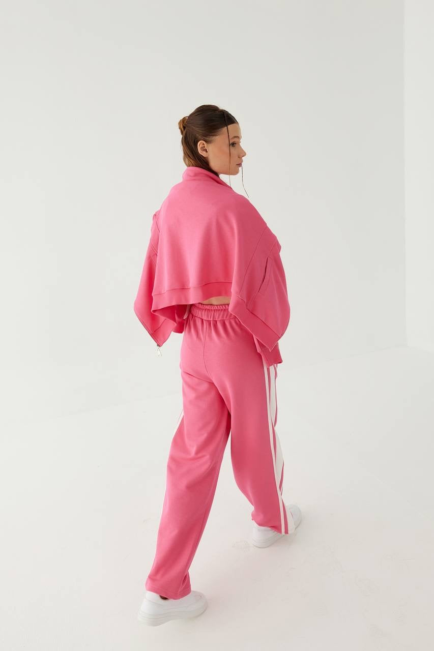 Stripe Detailed Zippered Pink Tracksuit