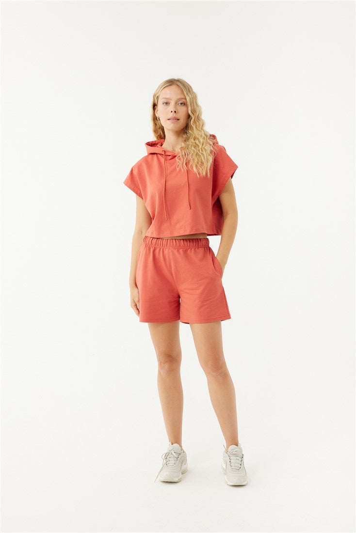 ALICE ORANGE SLEEVELES CROP HOODIE/ SHORT SET