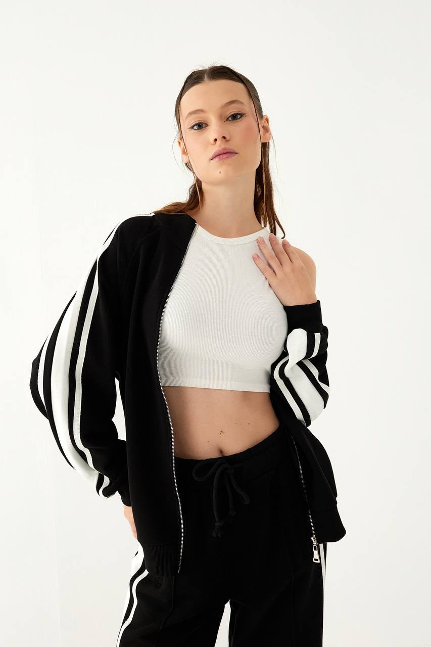 Stripe Detailed Zippered Black Tracksuit