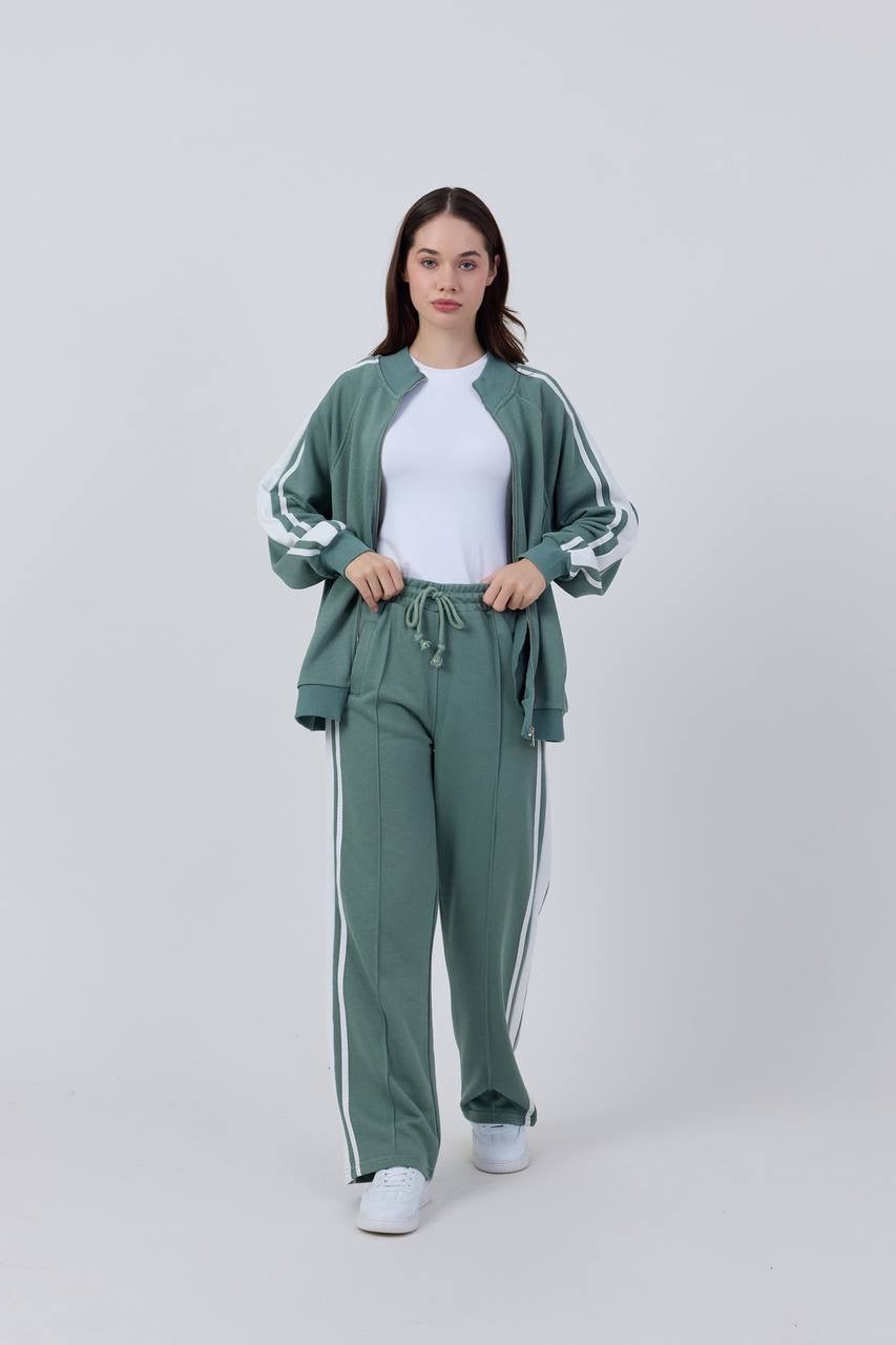 Stripe Detailed Zippered Green Tracksuit