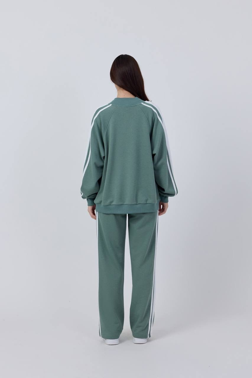 Stripe Detailed Zippered Green Tracksuit
