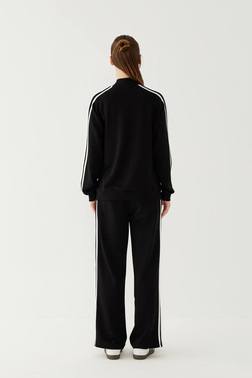 Stripe Detailed Zippered Black Tracksuit