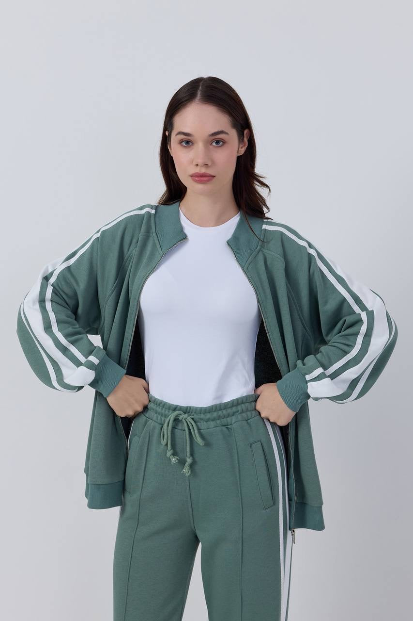 Stripe Detailed Zippered Green Tracksuit