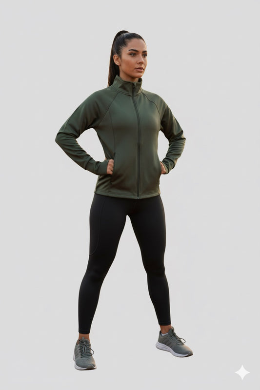 Green Zippered Basic Comfortable Women's Running Jacket