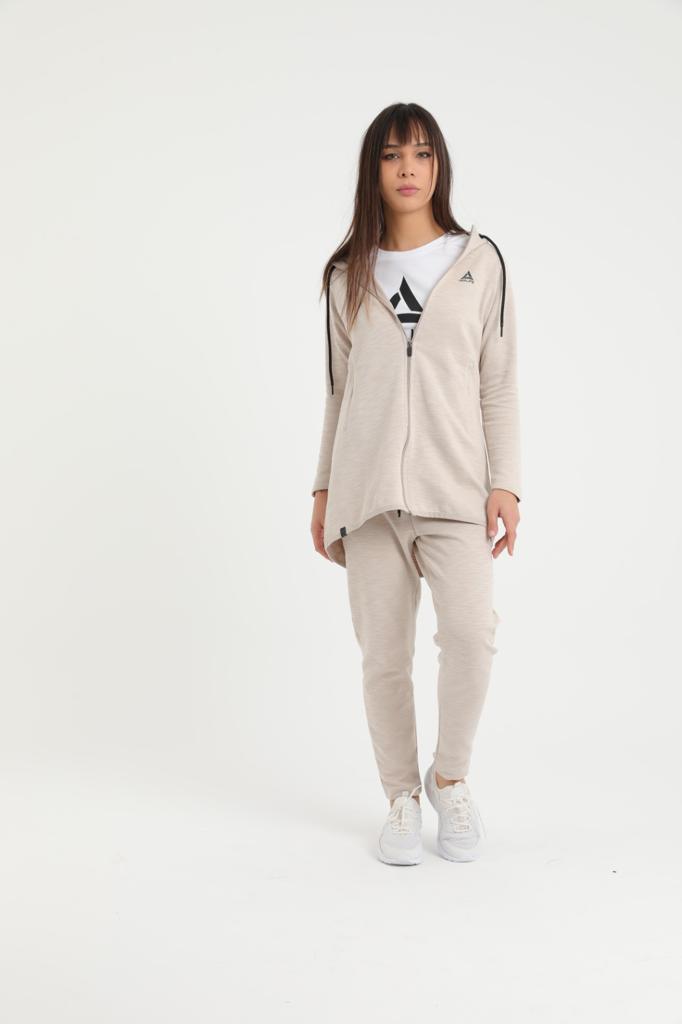 Beige Long Jacket Hooded tracksuit