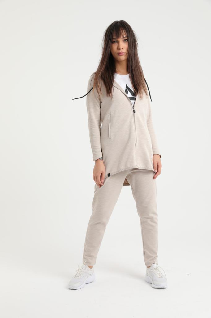 Beige Long Jacket Hooded tracksuit