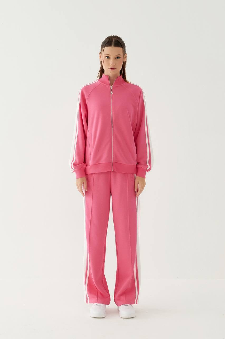 Stripe Detailed Zippered Pink Tracksuit