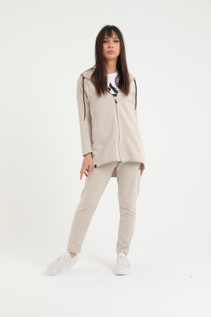 Beige Long Jacket Hooded tracksuit