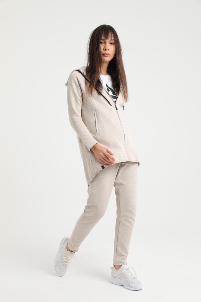 Beige Long Jacket Hooded tracksuit
