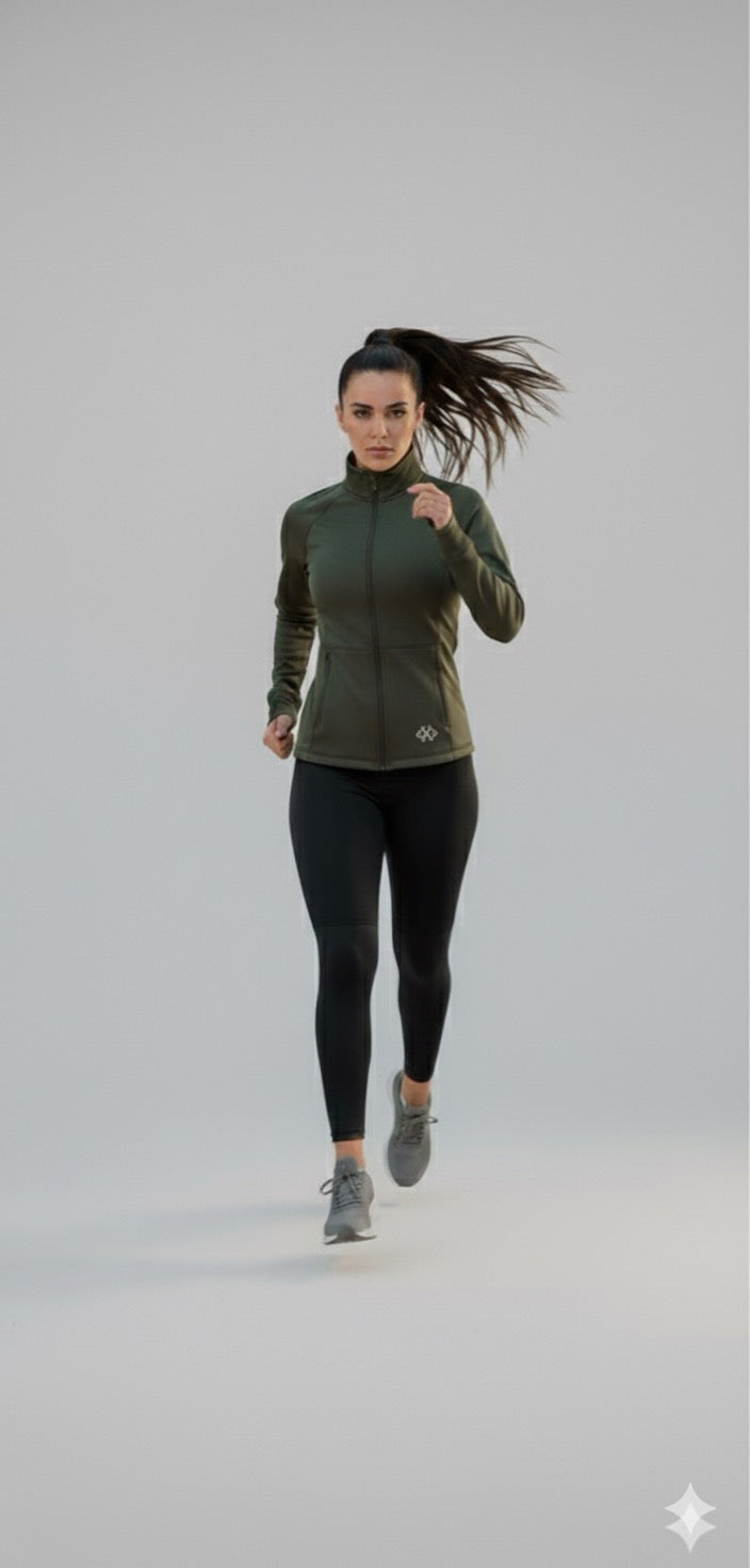 Green Zippered Basic Comfortable Women's Running Jacket