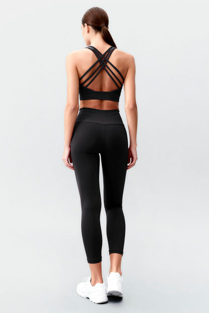 Black Slim-Fit Leggings Set with High-Waist Tummy Control and Criss-Cross Back Detail