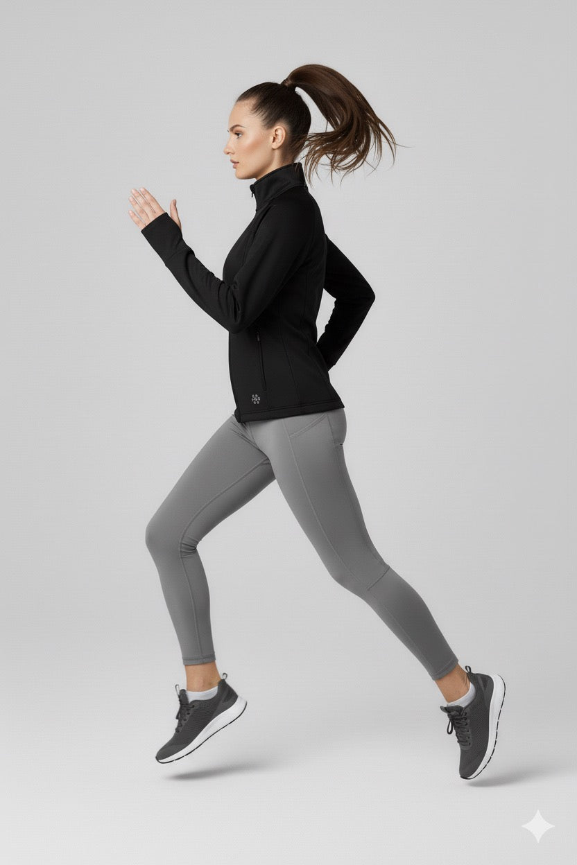 Black Zippered Basic Comfortable Women's Running Jacket