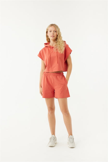 ALICE ORANGE SLEEVELES CROP HOODIE/ SHORT SET