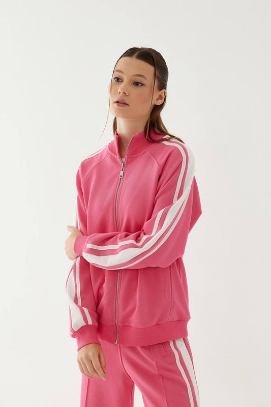 Stripe Detailed Zippered Pink Tracksuit