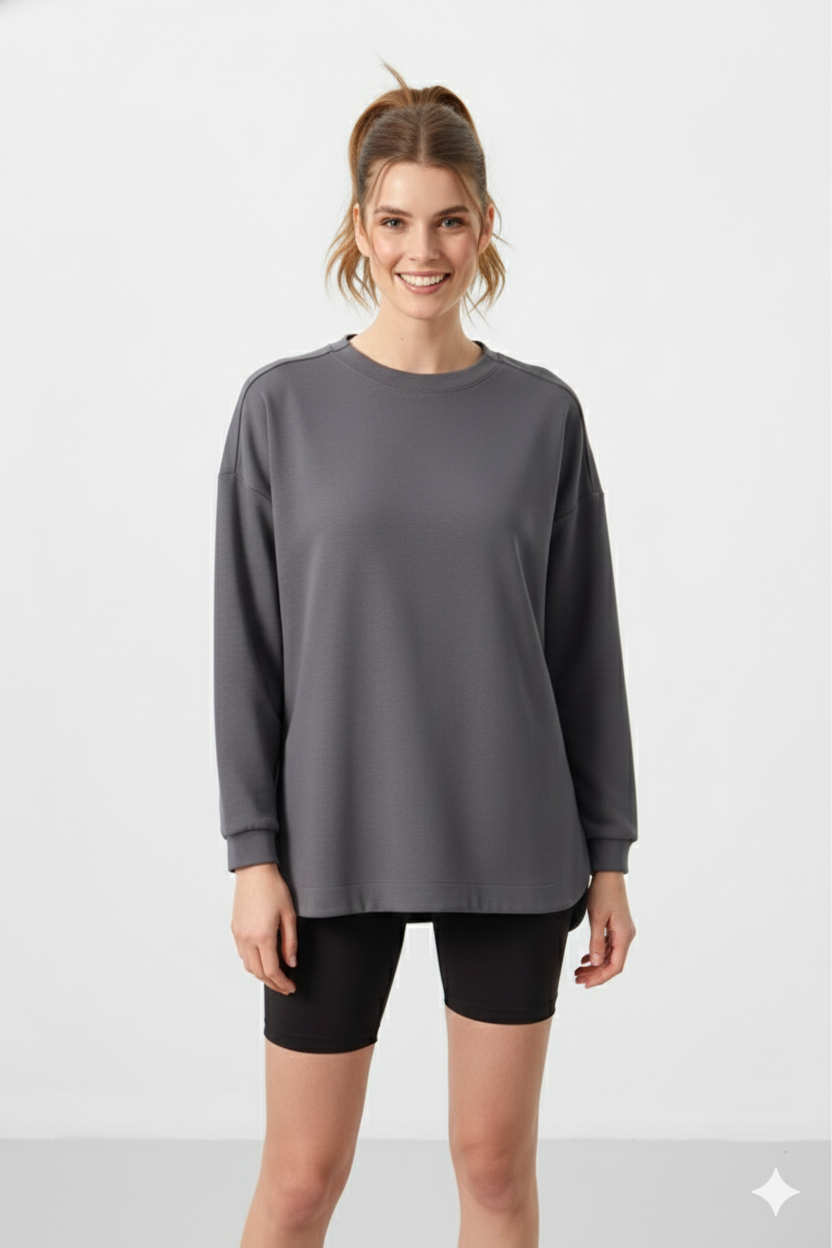 Grey Soft Textured O-Neck Sweatshirt