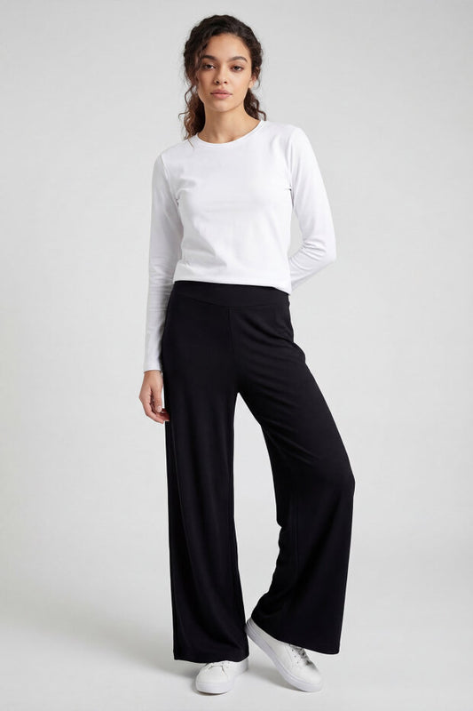 Black Soft Textured Wide Leg Women's Trouser