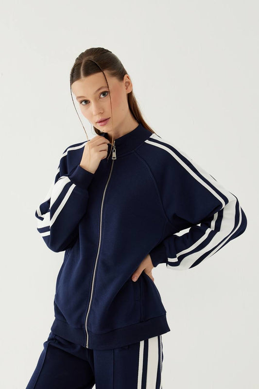 Stripe Detailed Zippered Navy Tracksuit