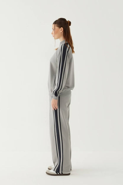 Stripe Detailed Zippered Grey Tracksuit