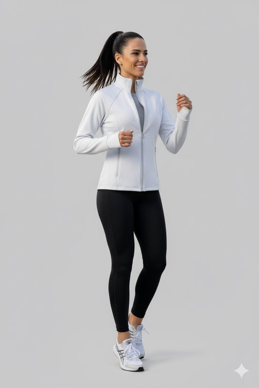 White Zippered Basic Comfortable Women's Running Jacket