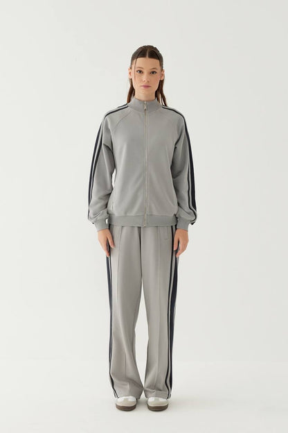 Stripe Detailed Zippered Grey Tracksuit