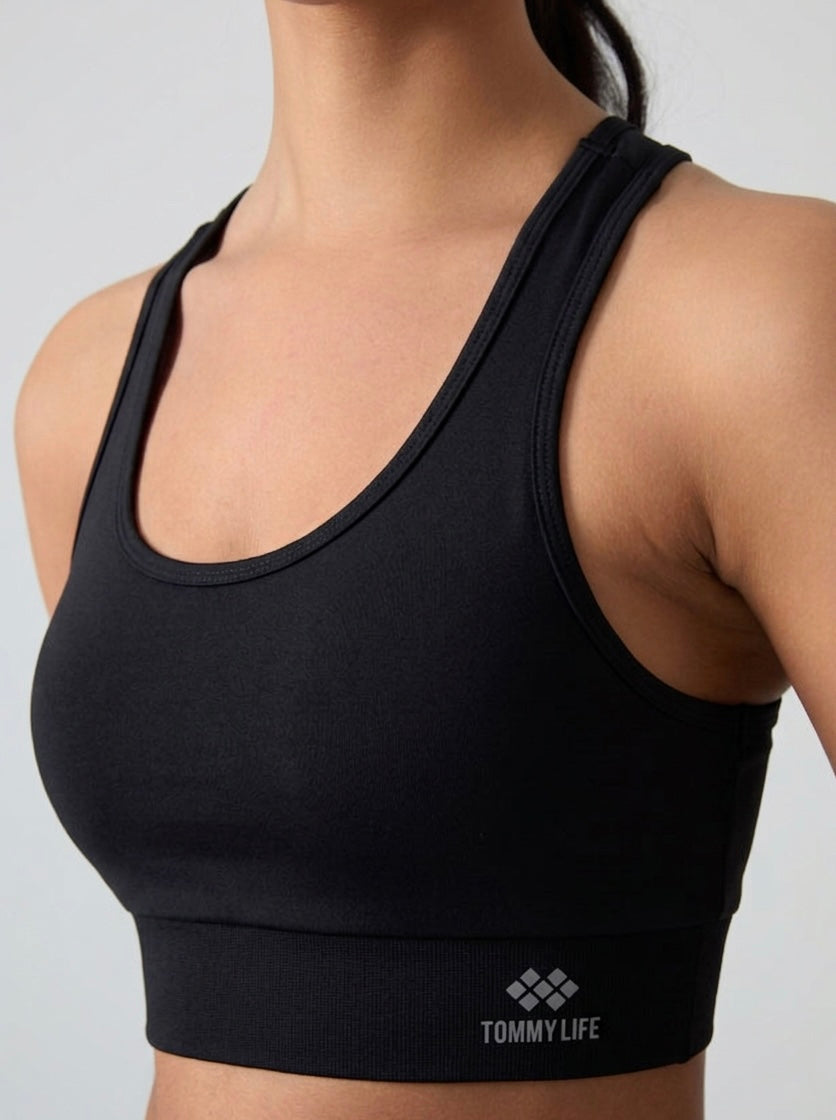 Black U-Neck Sports Bra with Back Detail