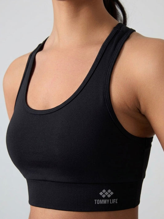 Black U-Neck Sports Bra with Back Detail