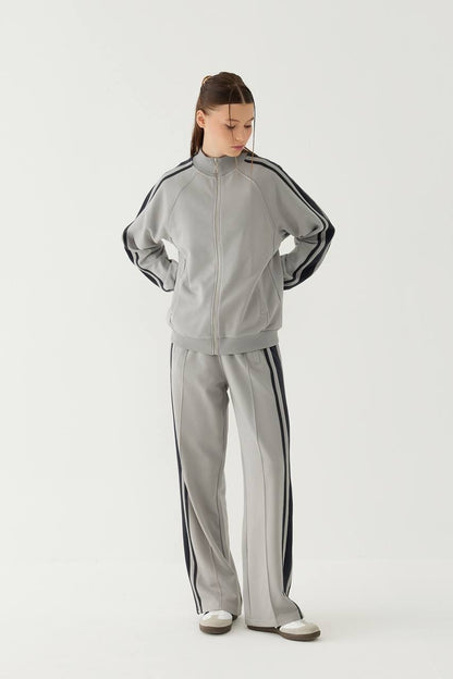 Stripe Detailed Zippered Grey Tracksuit