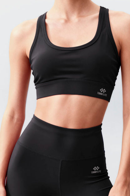 Black Slim-Fit Leggings Set with High-Waist Tummy Control and Criss-Cross Back Detail