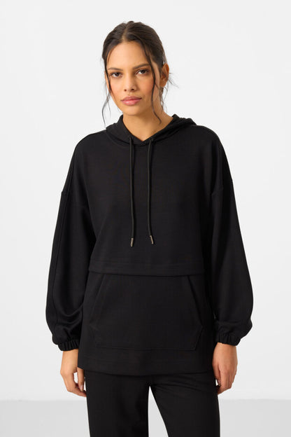 Black Soft Textured Hooded Oversize Women's Tracksuit