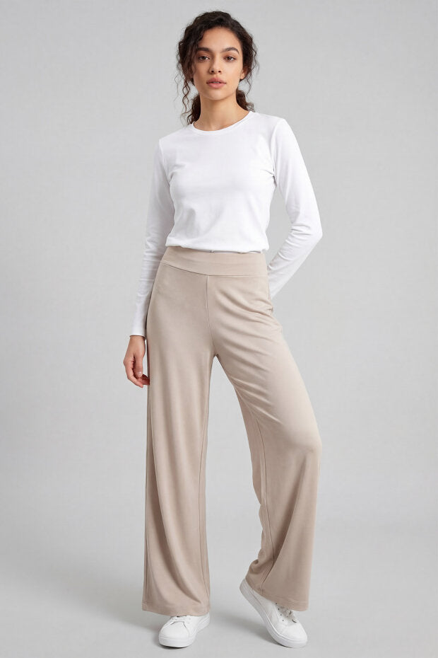 Beige Soft Textured Wide Leg Women's Trouser