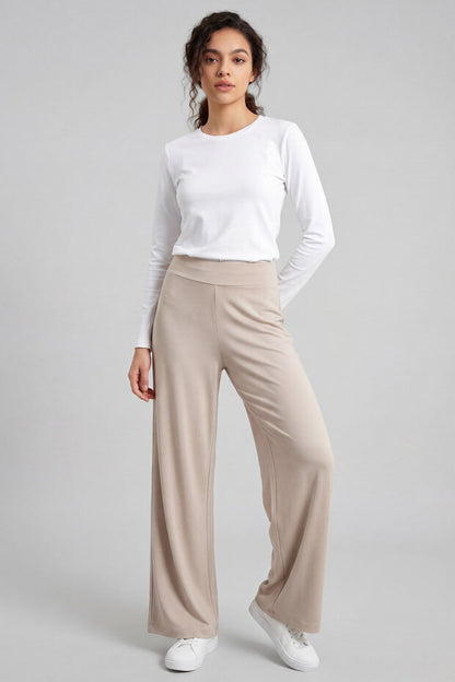 Beige Soft Textured Wide Leg Women's Trouser