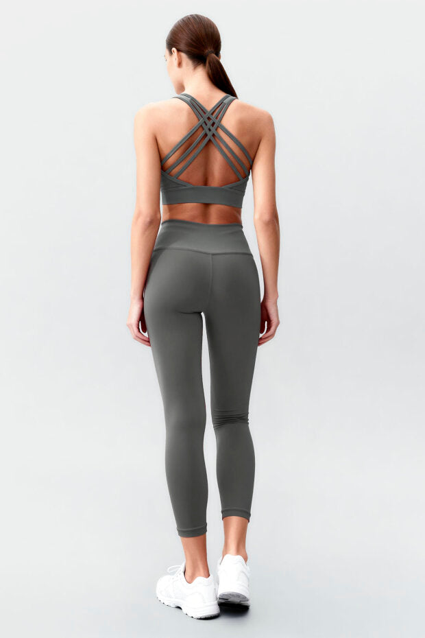 Green Slim-Fit Leggings Set with High-Waist Tummy Control and Criss-Cross Back Detail