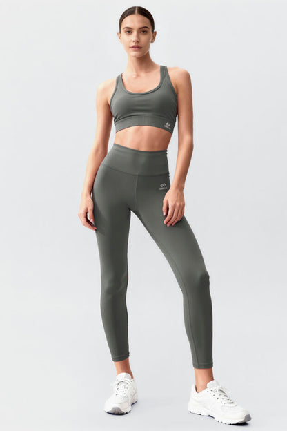 Green Slim-Fit Leggings Set with High-Waist Tummy Control and Criss-Cross Back Detail