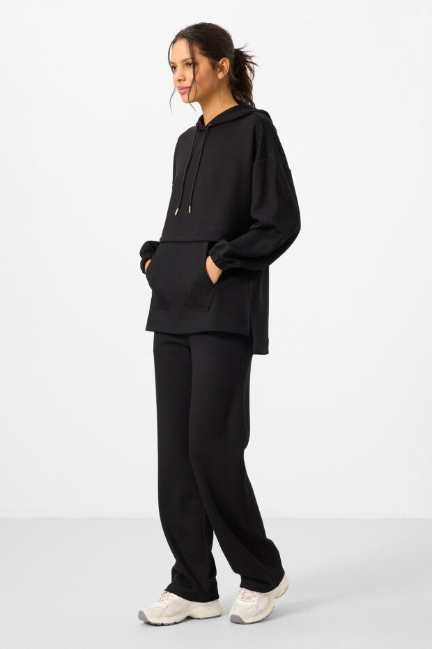 Black Soft Textured Hooded Oversize Women's Tracksuit