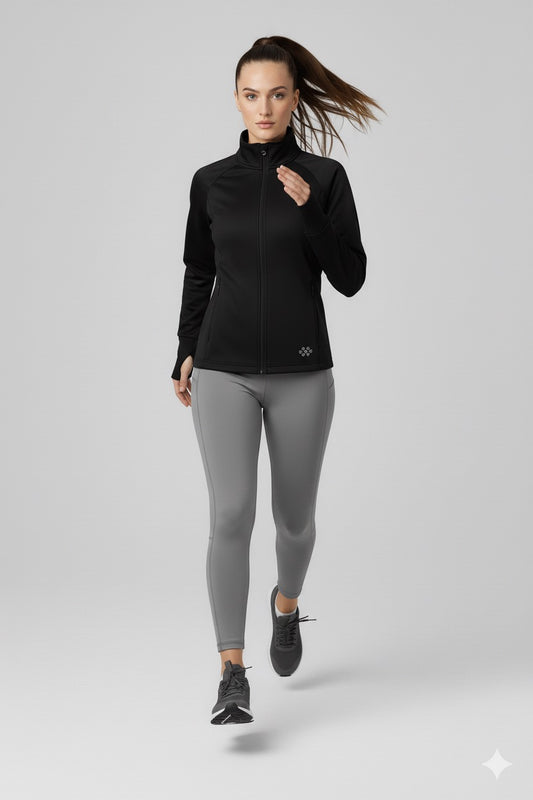 Black Zippered Basic Comfortable Women's Running Jacket