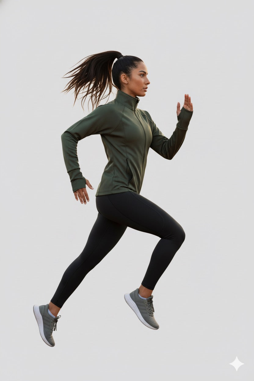 Green Zippered Basic Comfortable Women's Running Jacket